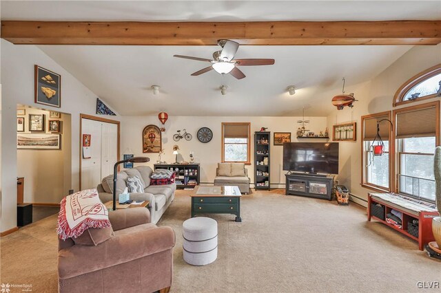 carpeted living room featuring a baseboard radiator, vaulted ceiling with beams, and ceiling fan