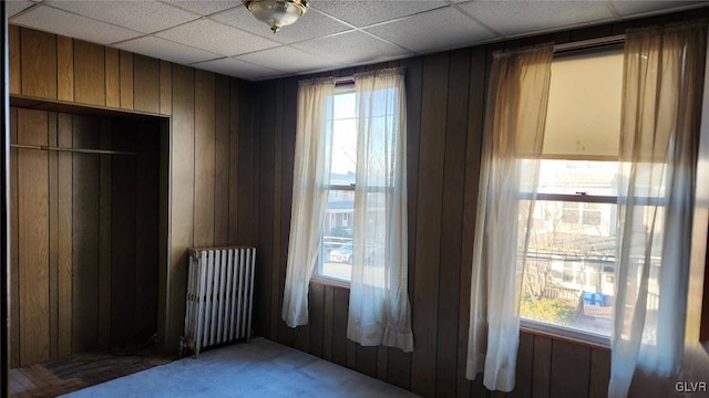 empty room with wood walls, radiator heating unit, and plenty of natural light