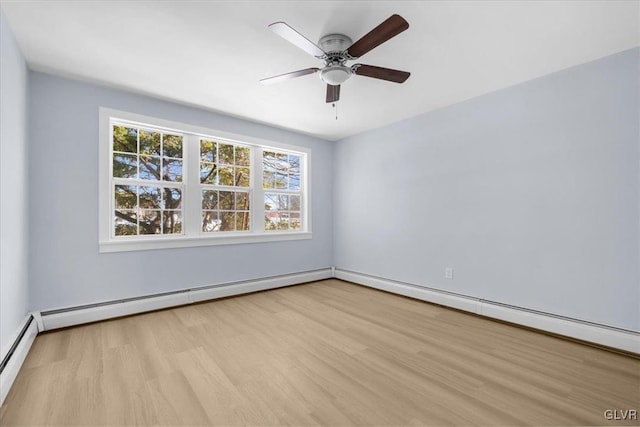 spare room with light hardwood / wood-style floors, ceiling fan, and baseboard heating