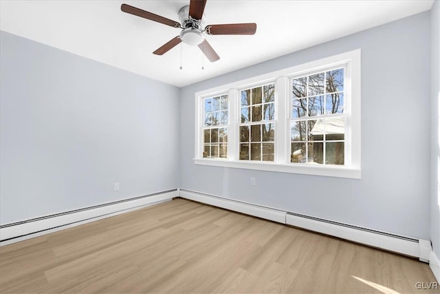 unfurnished room featuring baseboard heating, ceiling fan, and light hardwood / wood-style floors