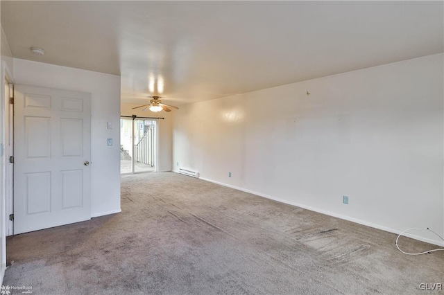 carpeted empty room with a baseboard radiator and ceiling fan