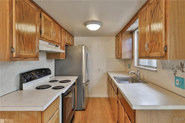 kitchen featuring sink, range with electric cooktop, and light wood-type flooring