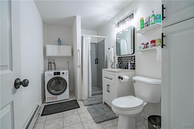 bathroom featuring walk in shower, toilet, washer / dryer, a baseboard radiator, and vanity