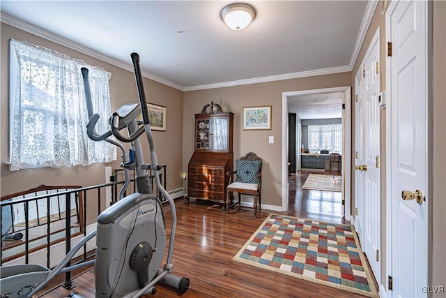 workout area featuring dark wood-type flooring and ornamental molding