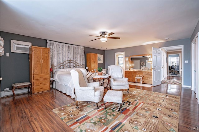 bedroom featuring ceiling fan, a baseboard heating unit, a wall mounted AC, and dark hardwood / wood-style flooring