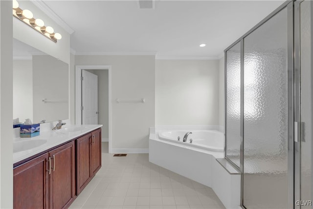 bathroom featuring ornamental molding, shower with separate bathtub, and vanity