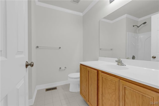 bathroom featuring toilet, vanity, walk in shower, crown molding, and tile patterned floors