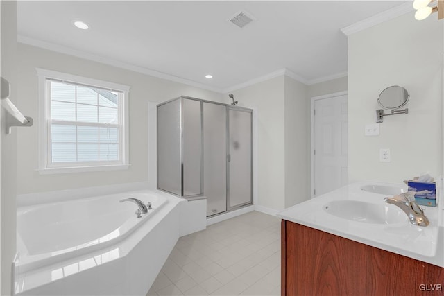 bathroom featuring crown molding, shower with separate bathtub, and vanity