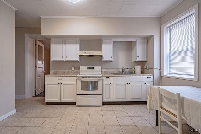 kitchen featuring white cabinetry, white electric stove, light stone countertops, and sink