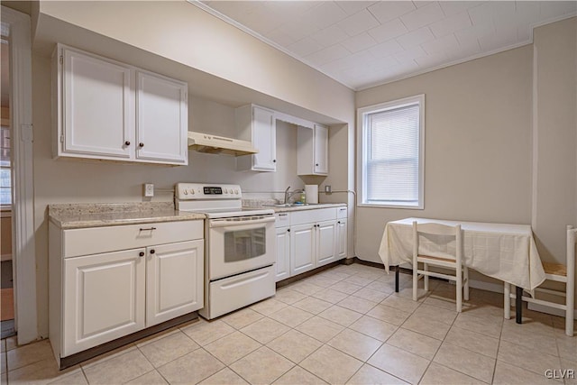 kitchen featuring white cabinetry, sink, ornamental molding, and white electric range oven