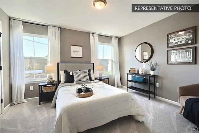 bedroom featuring light colored carpet and multiple windows