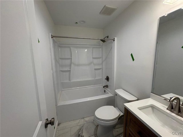 full bathroom featuring vanity, bathing tub / shower combination, and toilet