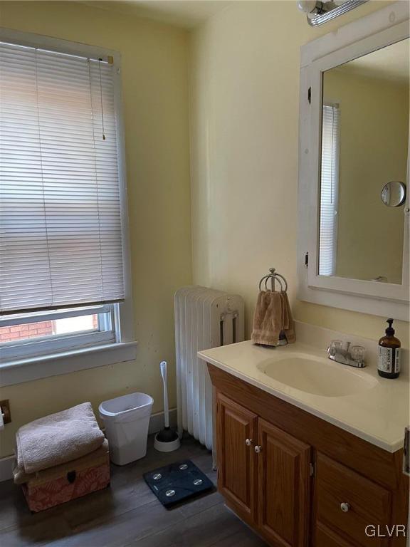 bathroom featuring vanity, radiator, and hardwood / wood-style floors