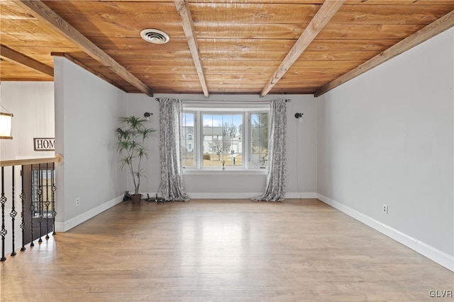 empty room with beamed ceiling, hardwood / wood-style flooring, and wooden ceiling