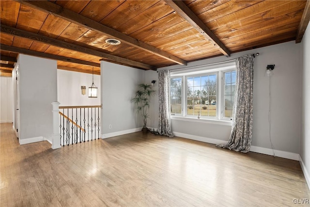 empty room with wood ceiling, light hardwood / wood-style floors, and beamed ceiling