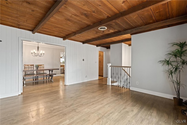 living room with wood ceiling, hardwood / wood-style floors, beam ceiling, and a chandelier