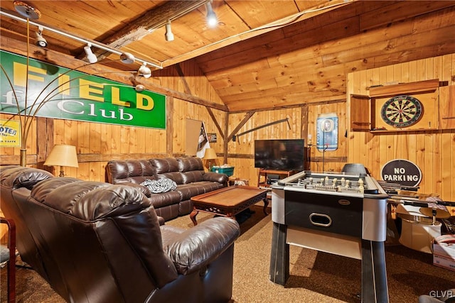 playroom with wood ceiling, rail lighting, vaulted ceiling, and wood walls