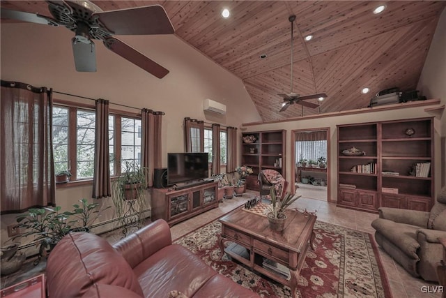 tiled living room with wood ceiling, ceiling fan, a wall mounted air conditioner, and high vaulted ceiling