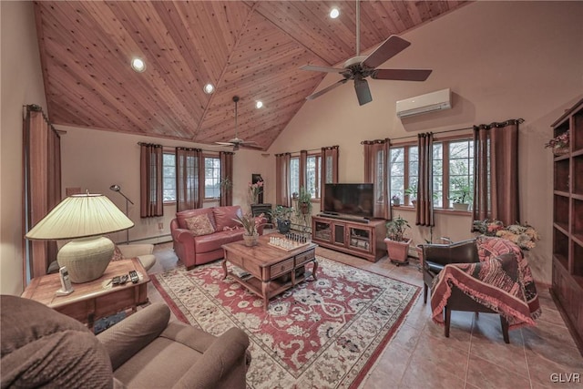 tiled living room with a wealth of natural light, high vaulted ceiling, a wall mounted AC, and a wood stove