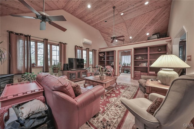 tiled living room with ceiling fan, high vaulted ceiling, a wall unit AC, and wood ceiling