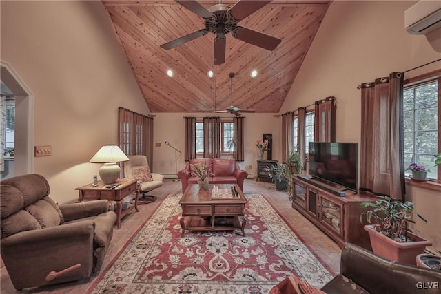 living room featuring ceiling fan, a wall mounted air conditioner, and high vaulted ceiling