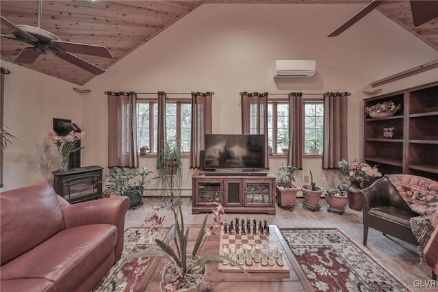 living room with high vaulted ceiling, a wealth of natural light, a wall unit AC, and ceiling fan