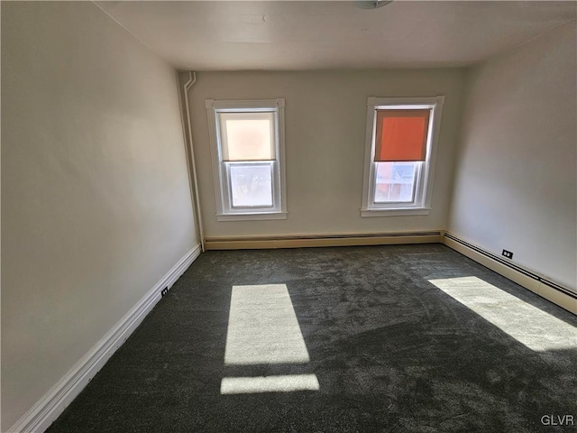 spare room featuring dark carpet and baseboard heating