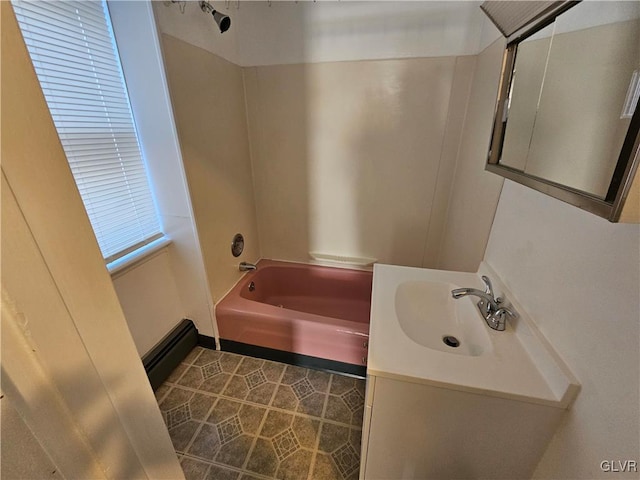 bathroom featuring vanity,  shower combination, and tile patterned flooring