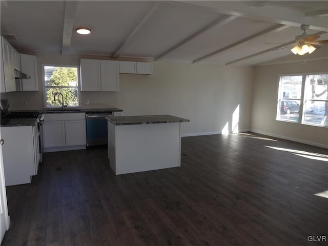 kitchen featuring sink, stainless steel appliances, a center island, and white cabinets