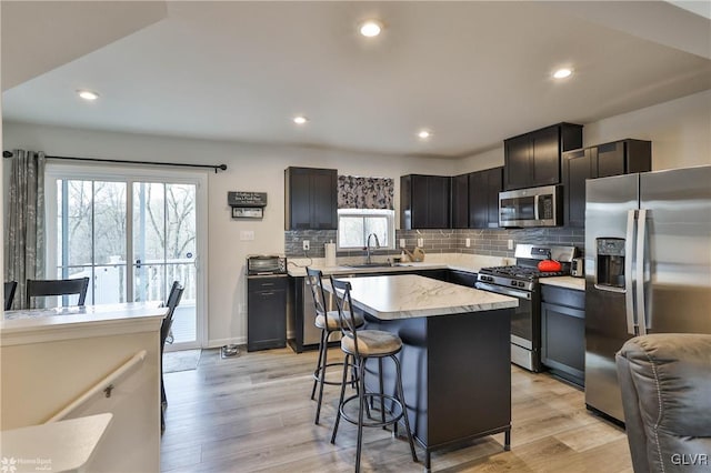 kitchen with sink, decorative backsplash, a center island, stainless steel appliances, and light hardwood / wood-style flooring