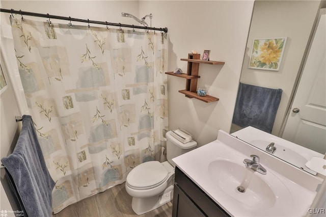 bathroom featuring vanity, toilet, and hardwood / wood-style floors