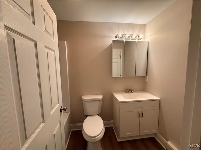 bathroom with vanity, wood-type flooring, and toilet