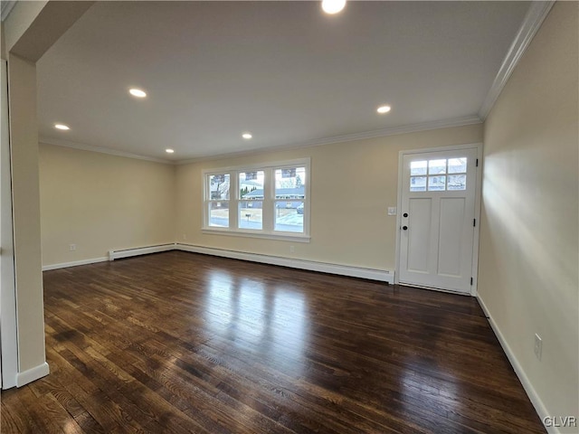 foyer with a baseboard radiator, plenty of natural light, and dark hardwood / wood-style floors