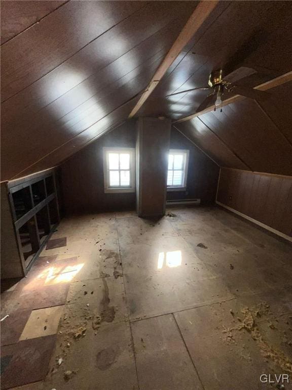 bonus room featuring lofted ceiling, ceiling fan, and baseboard heating