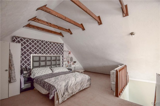 bedroom featuring vaulted ceiling with beams and light colored carpet