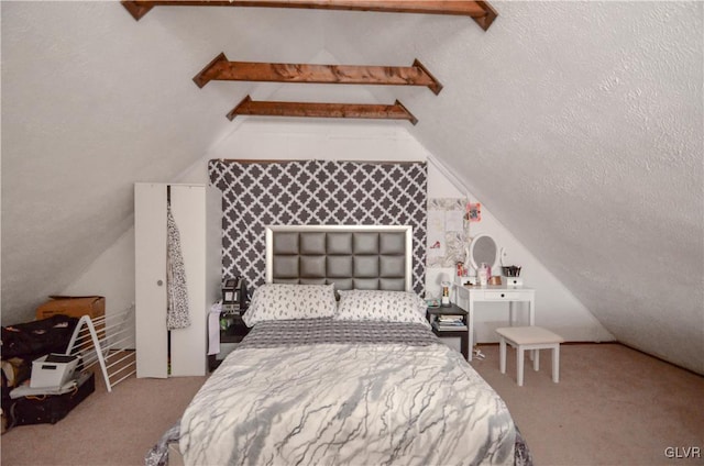 carpeted bedroom featuring vaulted ceiling with beams and a textured ceiling