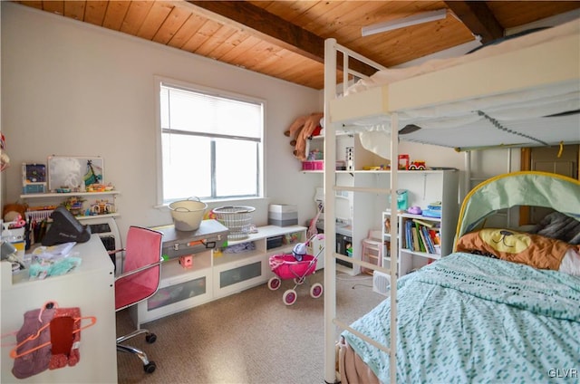 bedroom featuring carpet floors, wooden ceiling, and beamed ceiling