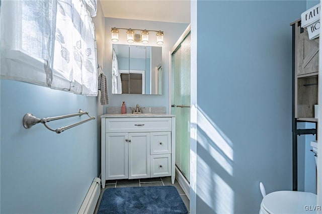 bathroom with tile patterned flooring, vanity, walk in shower, and toilet