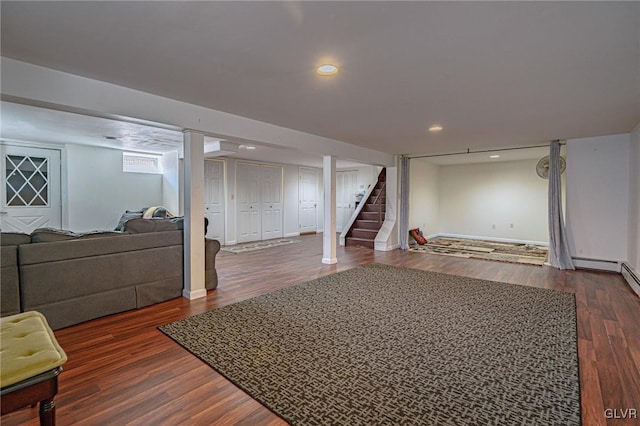 basement with dark wood-type flooring