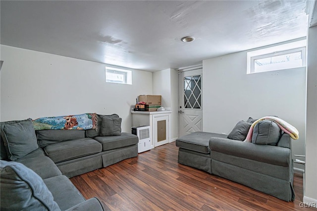 living room featuring dark wood-type flooring