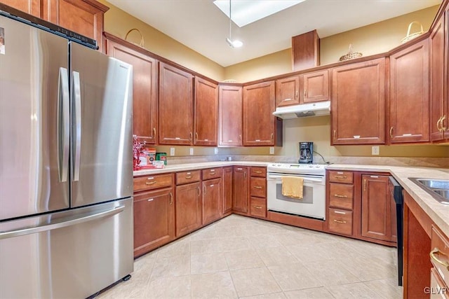 kitchen featuring sink, stainless steel fridge, black dishwasher, and white electric range oven