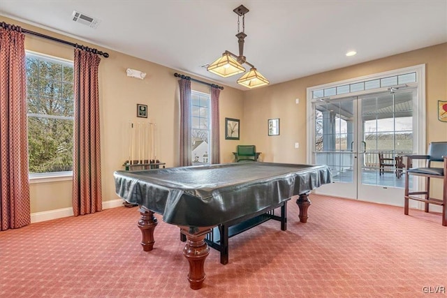 playroom with pool table, carpet floors, french doors, and a healthy amount of sunlight