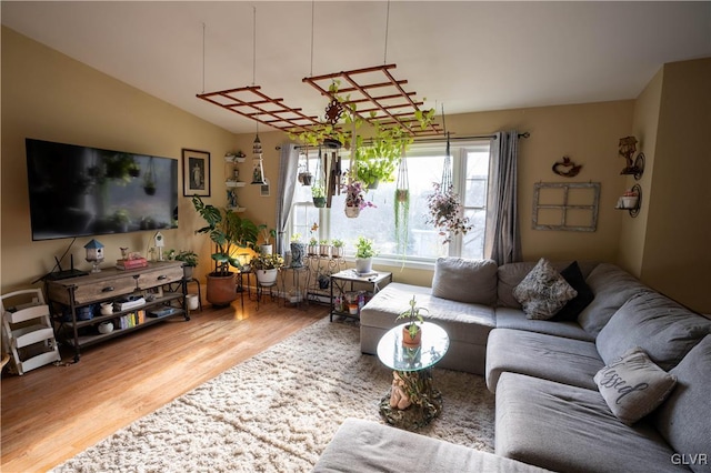 living room with wood-type flooring and vaulted ceiling