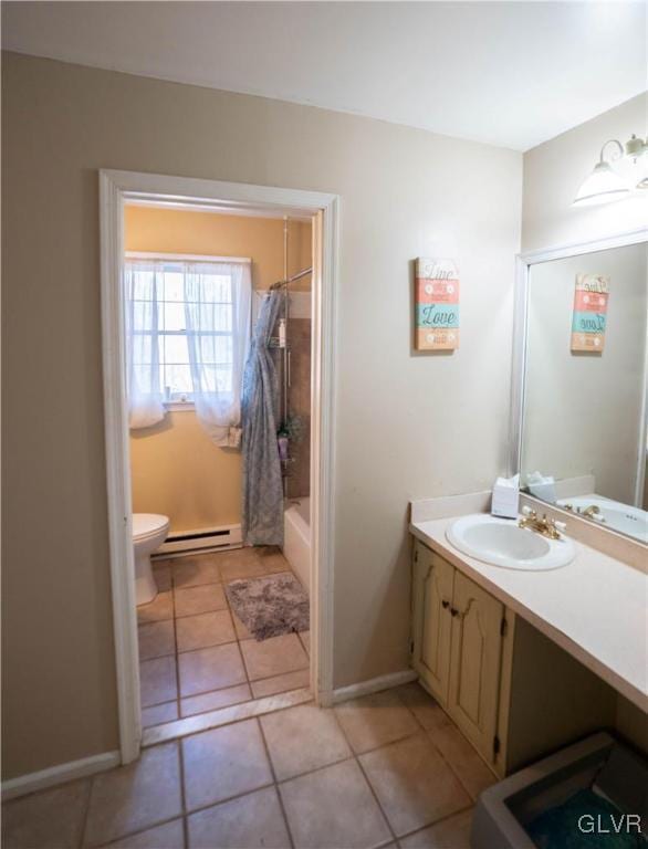 full bathroom with shower / bath combo, baseboard heating, tile patterned flooring, vanity, and toilet