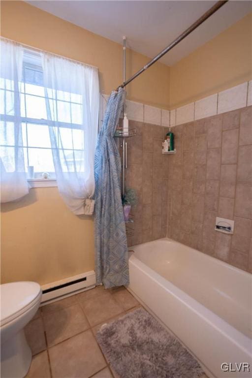 bathroom with shower / bath combination with curtain, a baseboard radiator, tile patterned floors, and toilet