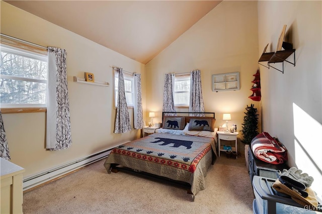 carpeted bedroom featuring high vaulted ceiling and baseboard heating