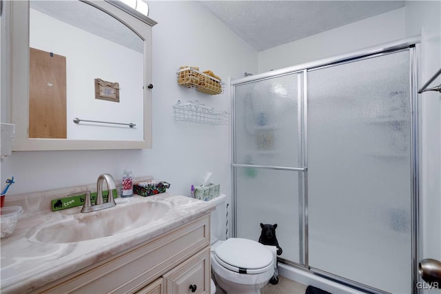 bathroom with walk in shower, vanity, toilet, and a textured ceiling