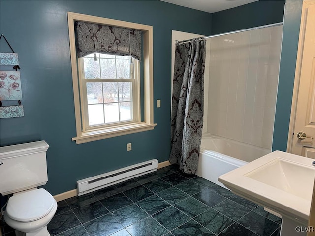 full bathroom featuring toilet, a baseboard heating unit, sink, and shower / bath combo with shower curtain