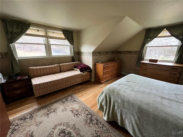 bedroom with light hardwood / wood-style floors and lofted ceiling