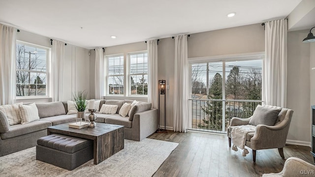 living room with a healthy amount of sunlight and dark wood-type flooring